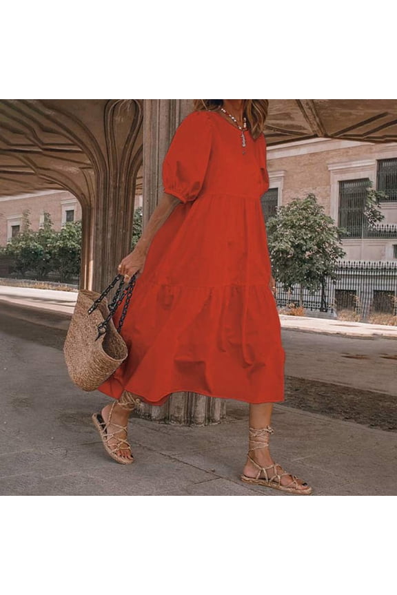 Homecoming Dresses Plus Size Fashion Women Loose Solid Color O Puff Sleeve Casual Short Sleeves Dress Mujer 2025