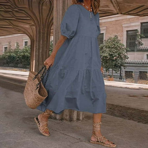 ZVAVZ Homecoming Dresses Plus Size Fashion Women Loose Solid Color O Puff Sleeve Casual Short Sleeves Dress Mujer 2025