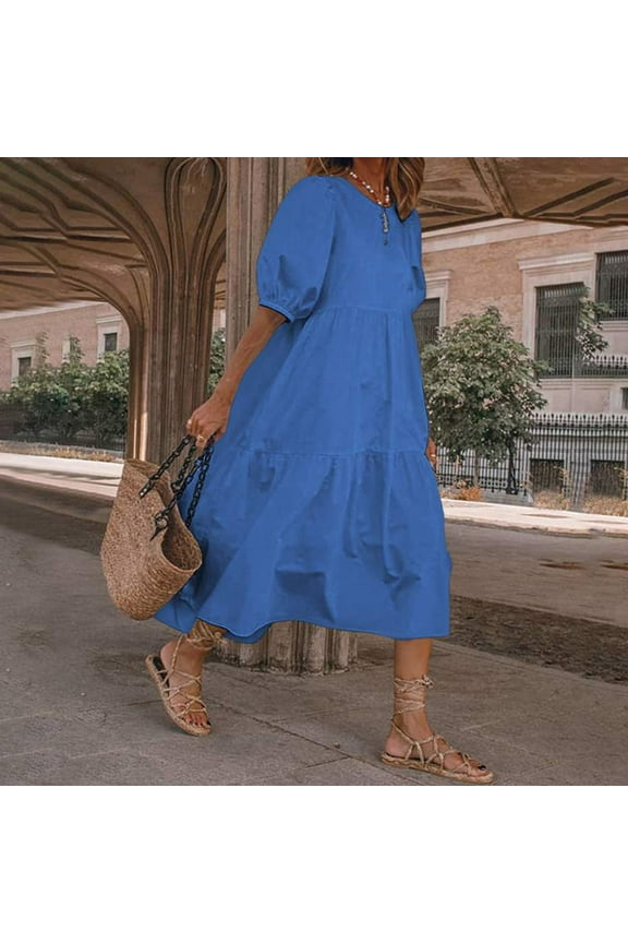Homecoming Dresses Plus Size Fashion Women Loose Solid Color O Puff Sleeve Casual Short Sleeves Dress Ropa De Mujer