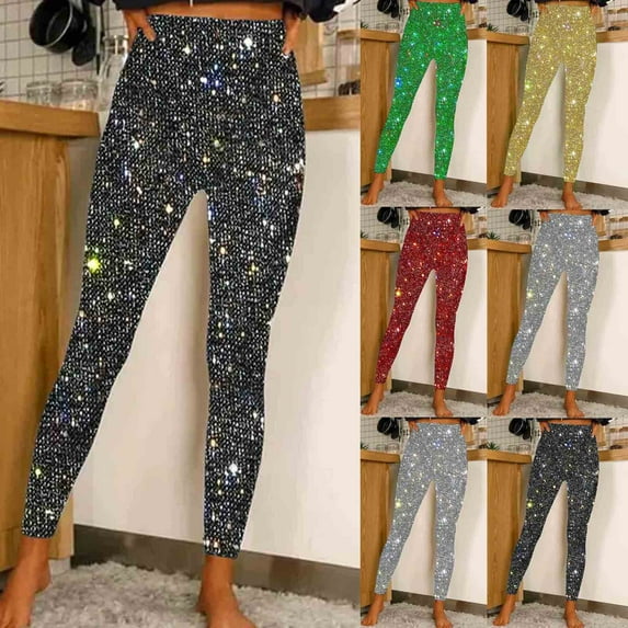 ZVAVZ Leggings for Women Plus Size Glitter Sparkle High Waist Stretch Tights Fashion Sequin Yoga Workout Pants for Party Yellow,L