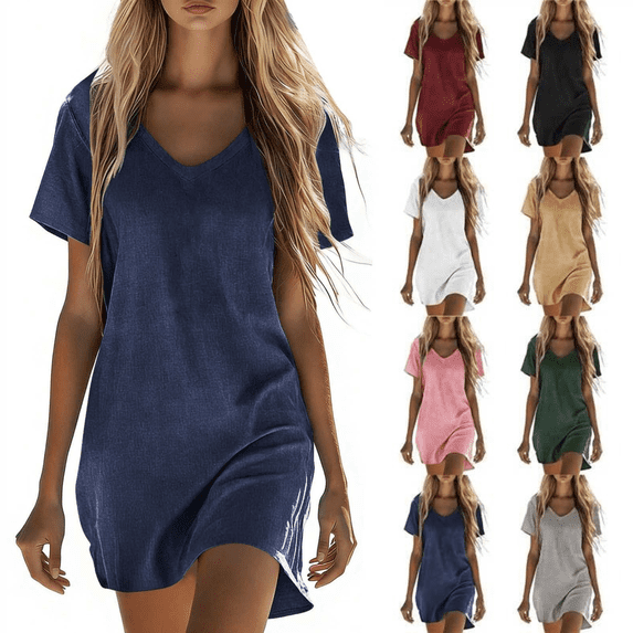 Yeaiivve Linen Casual Dresses for Women Lightweight Short Sleeve V Neck Sun dress Soft Cozy Lounge Sleep Dress Khaki,XXL