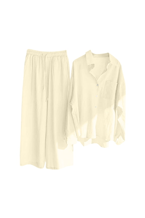 Linen Sets for Women Long Sleeve Buttons Shirts and High Waist Pants 2 Piece Fall Beach Vacation Outfits Lounge Tracksuits Beige,XXXL