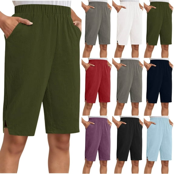 ZVAVZ Linen Shorts for Women Knee Length Bermuda Shorts Comfy Elastic Waist Loose Short Pant Pull On Lounge Summer Pants With Pockets Navy,M