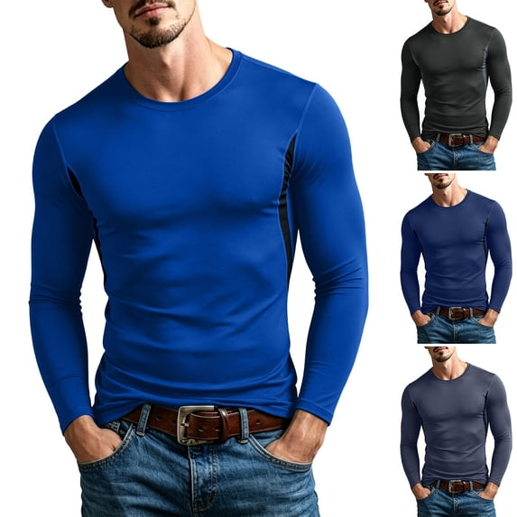 ZVAVZ Long Sleeve Muscle T-Shirt for Men Slim Fit Crew Neck Tee Shirts Solid Athletic Gym Workout Tees Basic Bodybuilding Undershirt Blue S