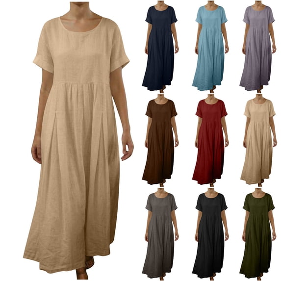 ZVAVZ Maxi Dress for Women Short Sleeve Cotton Linen Dress Summer Casual Pleated Red,M