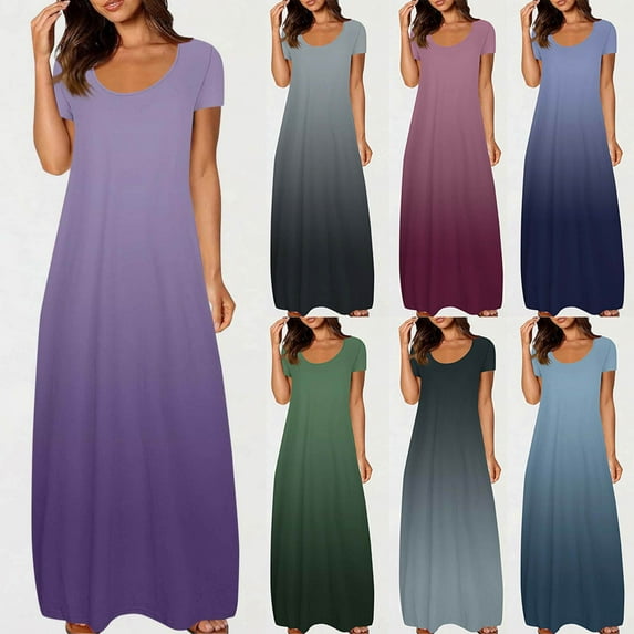 ZVAVZ Maxi Sun Dresses for Women 2025 Vacation,Womens Large Pocket Solid Color Dresses Comfy Round Neck Short Sleeved Long Sundress Green,3XL