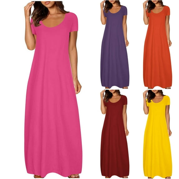 ZVAVZ Maxi Sun Dresses for Women 2025 Vacation,Womens Large Pocket Solid Color Dresses Comfy Round Neck Short Sleeved Long Sundress Orange,XL