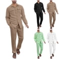 thumbnail image 1 of ZVAVZ Men's 2 Piece Vacation Outfits Jacquard Button Down Shirts and Pants Set Lightweight Cuban Collar Tracksuit Casual Beach Sweatsuit Sets White S, 1 of 6