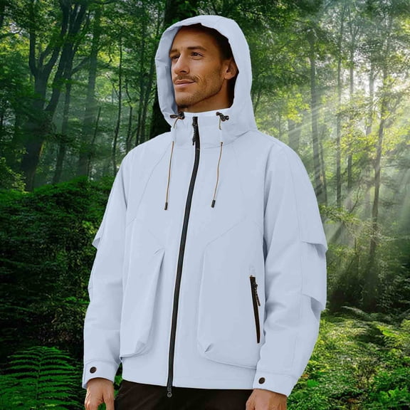 ZVAVZ Men's Hiking Rain Jacket Drawstring Hooded Zip Up Jacket Climbing Camping Waterproof Jackets with Zipper Pockets Outdoor Sports Windbreakers Light Blue S