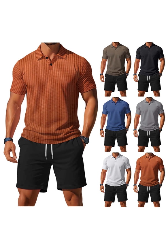Men's Summer Golf Outfits 2 Piece Textured Sets Color Block Polos Shirts and Shorts Set Casual Beach Vacation Sports Matching Suit Gray M
