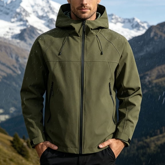 ZVAVZ Men's Waterproof Rain Coat Windproof Zip Up Rain Jackets Solid Drawstring Hooded Windbreakers with Zipper Pockets Hiking Climbing Jacket Army Green M