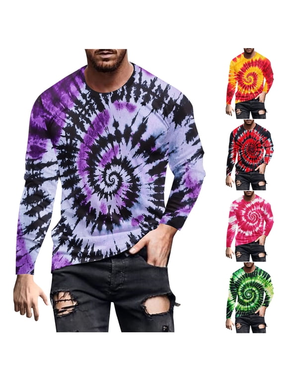 Mens Big and Tall Tie Dye Tops Long Sleeve Rainbow Graphic Tee Shirts Lightweight Breathable Crew Neck T-Shirt Fashion Colorful Hippie Shirts Multicolor S