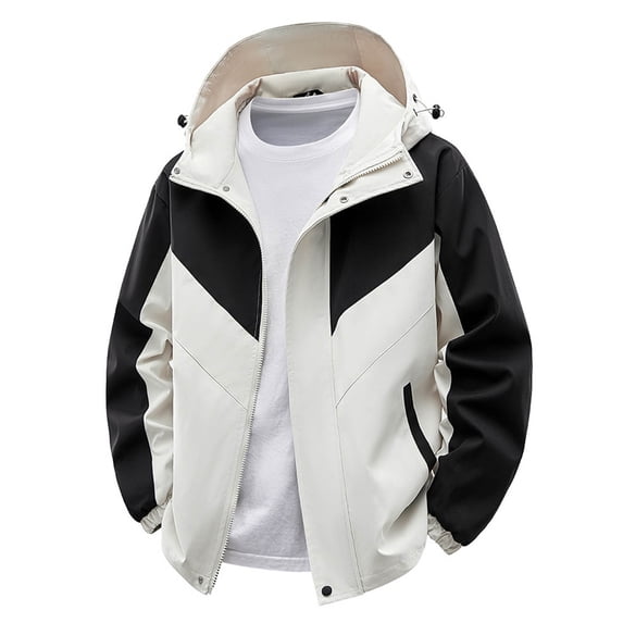 ZVAVZ Mens Color Block Rain Jacket Lightweight Zip Up Windbreakers Casual Waterproof Hooded Jackets Climbing Hiking Ski Jacket White XXXXL