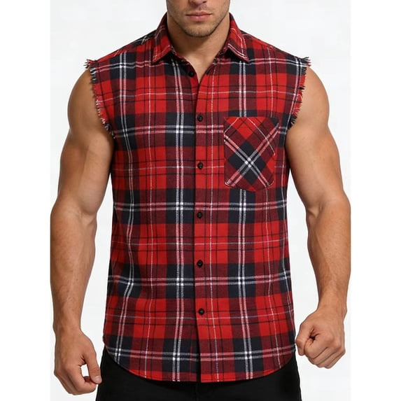 ZVAVZ Mens Plaid Casual Button Down Shirts Sleeveless Point Collar Shirts Western Outdoor Beach Tops Wine M