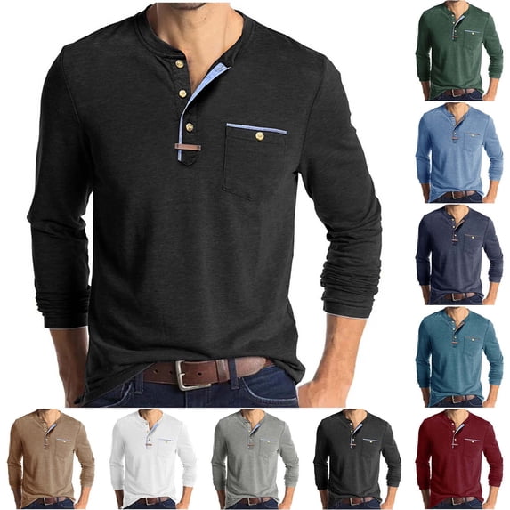 ZVAVZ Mens Regular Fit Henley Shirts with Chest Pockets Long Sleeve Crew Neck Work T Shirts Lightweight Stretchy Basic Tee Shirts Light Blue XXXL