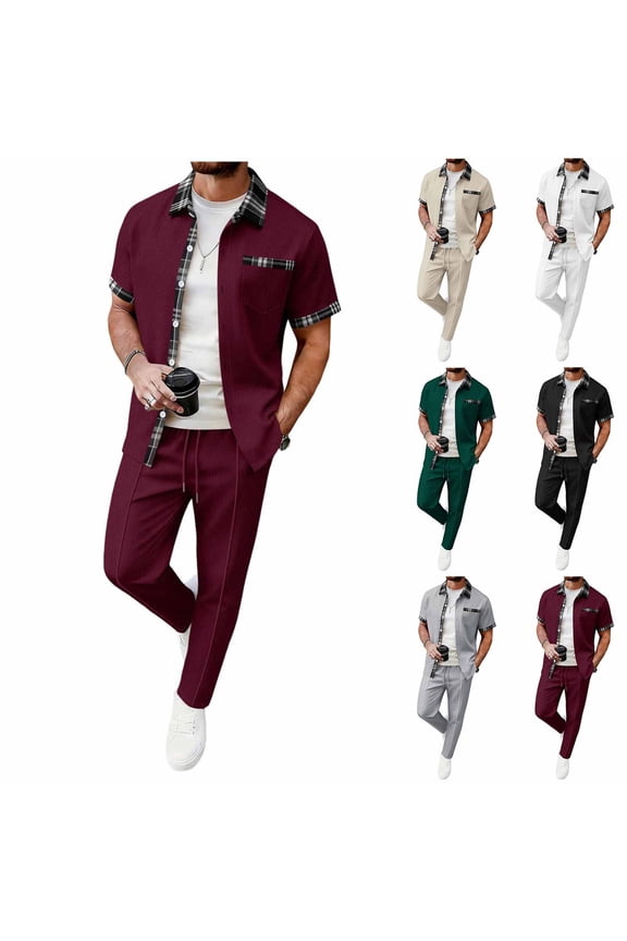 Mens Waffle Track Suit Set Plaid Patchwork Button Down Shirts and Pants Set Summer Casual Outfits Beach Resort Wear Wine XL