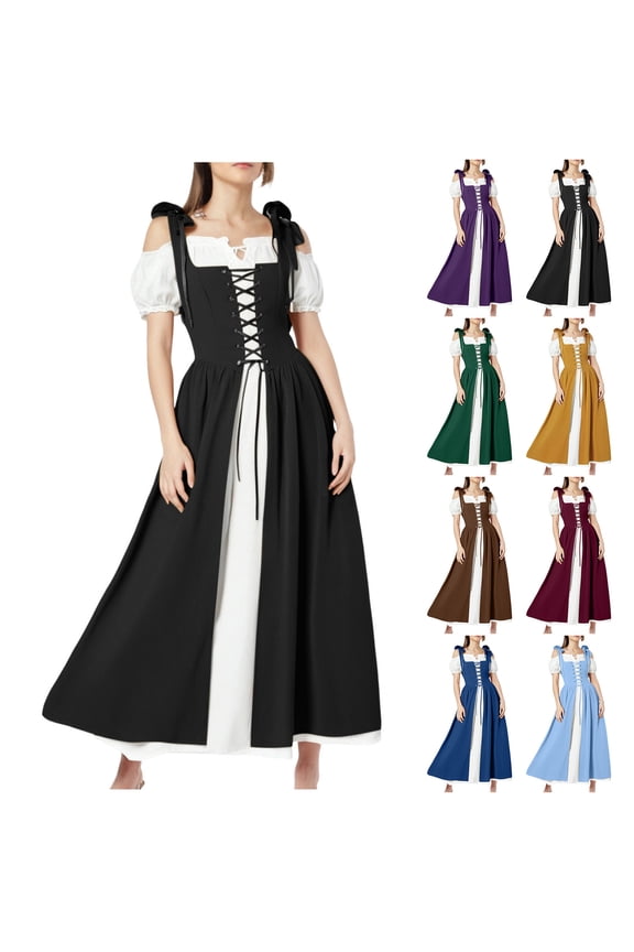 Plus Size Peasant Medieval Dresses Women Halloween Fancy Outfit Cold Shoulder Lace Up Dress Renaissance Pirate Irish Over Dress Yellow,XXL