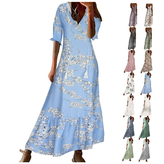 ZVAVZ Plus Size Summer Dress for Women Casual Boho Floral Print Dress V Neck Short Sleeve High Waist Long Maxi Beach Dresses Green,XL