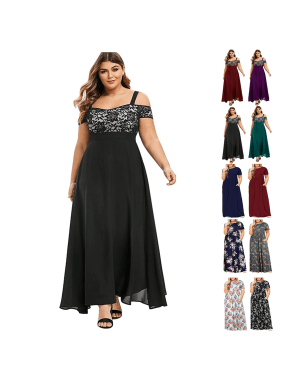 Plus Size Summer Maxi Dress for Women with Pockets Solid Color Crewneck Ankle-Length Sundress Wedding Guest Dresses for Women Red,XXXXL