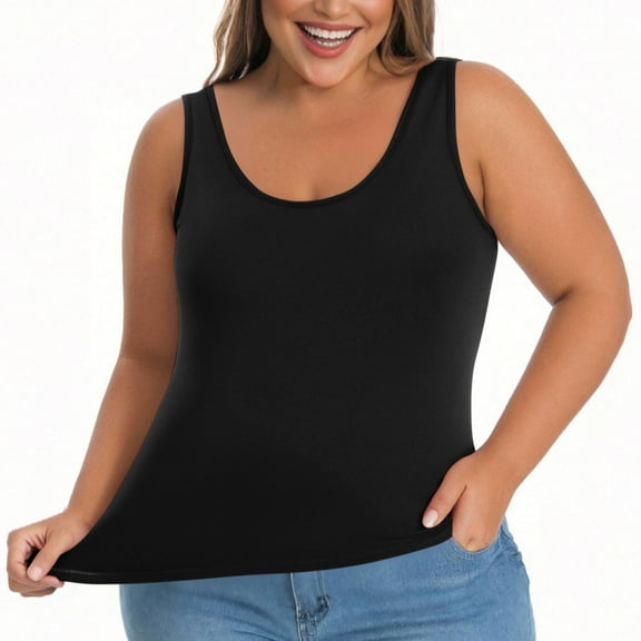 ZVAVZ Plus Size Tank Tops with Built In Bra for Women Padded Camisole Shelf Bras Sleeveless Scoop Neck Basic Undershirt Black,4XL