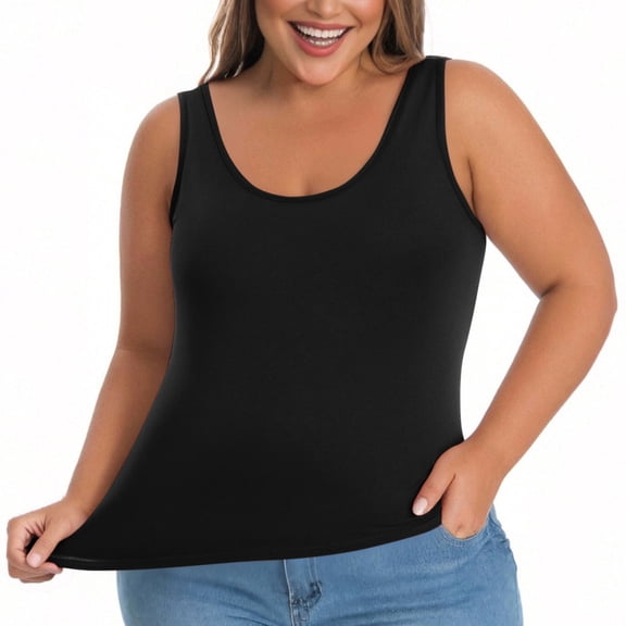 ZVAVZ Plus Size Tank Tops with Built In Bra for Women Padded Camisole Shelf Bras Sleeveless Scoop Neck Basic Undershirt Black,L