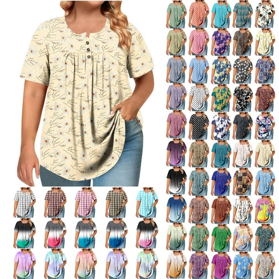 ZVAVZ Plus Size Tops for Women Summer Boho Plus Size Floral Print Pleated Blouses Loose Button Up Henley Round Neck Shirts Casual Short Sleeve Swing Flowy Tunic Khaki,4XL