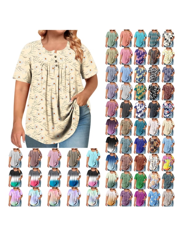 Plus Size Tops for Women Summer Boho Plus Size Tie Dye Printed Tee Buttons Pleated Henly Crewneck Tunic Shirts Casual Short Sleeve Loose Blouse Yellow,5XL
