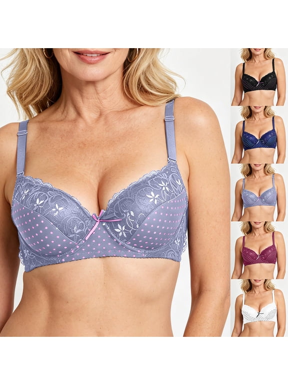 Plus Size Underwire Bra for Women Lace Trim Push Up Bras Polka Dot Print Smoothing Bralettes Everyday Dressy Casual Bras Dark Blue 90C