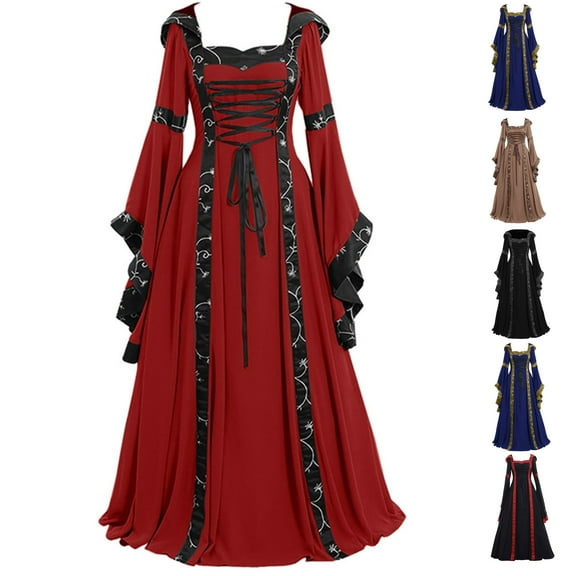 ZVAVZ Regency Era Dress for Women Trumpet Sleeves Vintage Renaissance Hooded Dress Floor Length Medieval Long Dresses Pirate Peasant Dresses Black,S