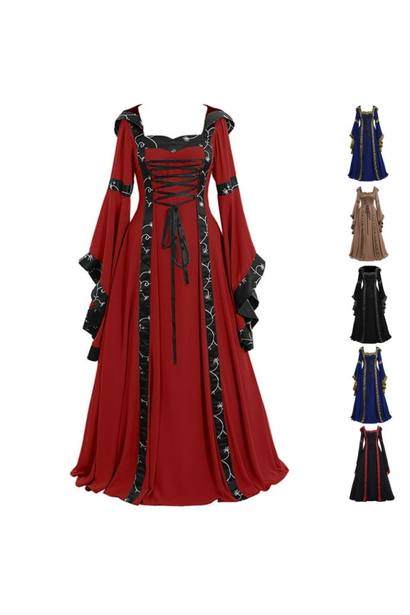 Regency Era Dress for Women Trumpet Sleeves Vintage Renaissance Hooded Dress Floor Length Medieval Long Dresses Pirate Peasant Dresses Black,S