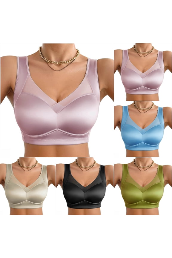 Silk Satin Bra for Women V Neck Mesh Smoothing Bras Wireless Push Up Bralettes Soft Comfy Full Coverage Bras Blue M