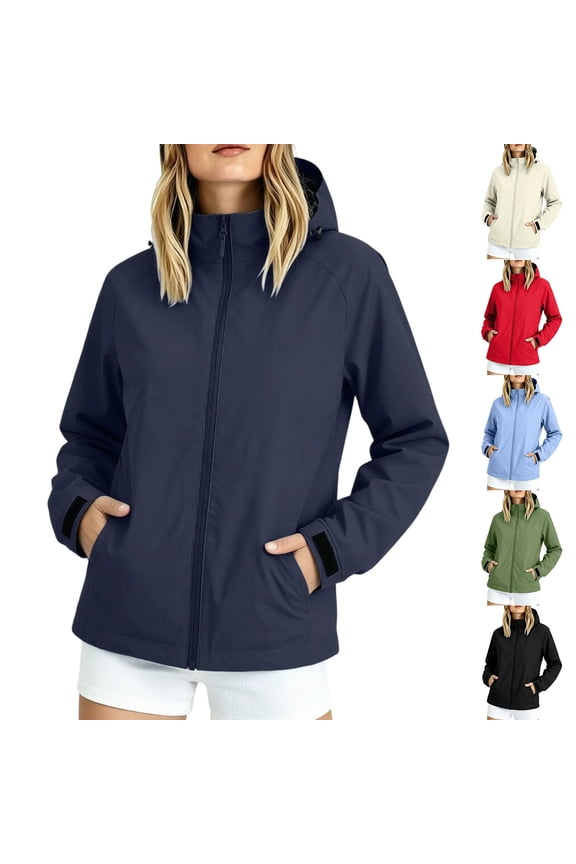 Solid Hooded Jacket for Women Waterproof Cycling Jackets with Pockets Packable Running Hiking Rain Jackets Fashion Windproof Windbreakers Red L