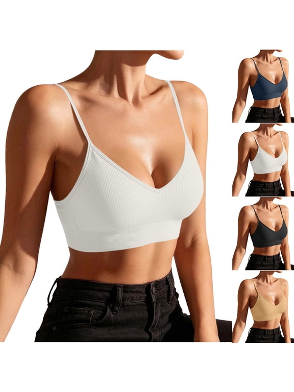 Spaghetti Strap Knit Bras for Women V Neck Push Up Sports Bra Solid Athletic Workout Wireless Bralettes Running Gym Seamless Bras Dark Blue S