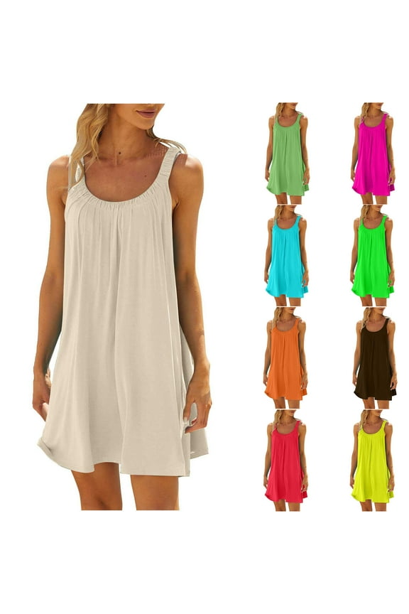 Womens Summer Dresses Solid Color Loose T-Shirt Dress Sleeveless Beach Swim Coverups Casual Boho Sundress Yellow,L