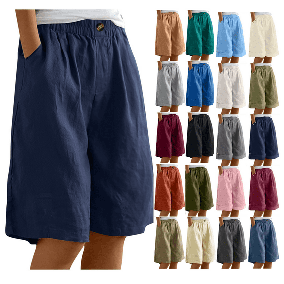 ZVAVZ Summer Bermuda Shorts for Women Plus Size Cotton Linen Elastic Buttons Shorts Baggy Comfy Fit Shorts with Pockets Dark Blue,XL