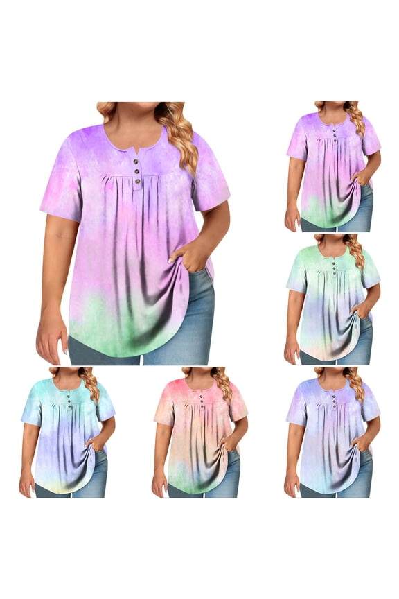 Summer Blouses for Women 2025 Gradient Tie Dye T-Shirts Buttons Pleated Henly Crew Neck Blouse Relaxed Fitted Comfy Pullover Blouse Green,5XL
