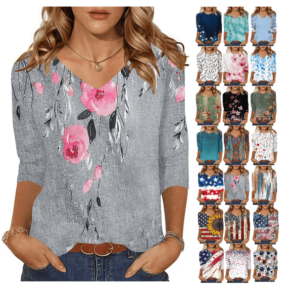 ZVAVZ Summer Blouses for Women 3/4 Sleeve Retro Floral Graphic Tee Crew Neck Dressy Casual Summer Tshirts Loose Fit Business Tee Multicolor,3XL