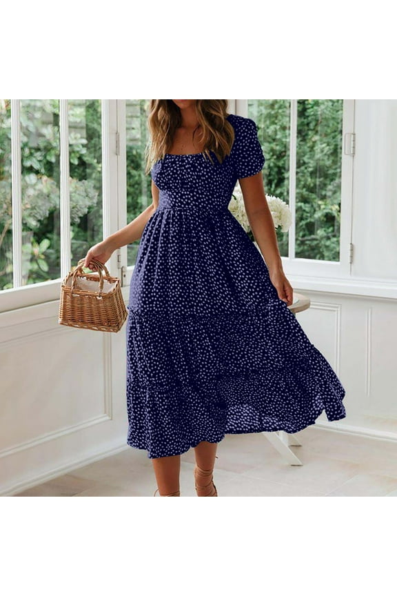 Summer Dress Fashion Women Summer Casual Square-Neck Print Short Sleeve Loose Dress Falda De Playa Femenina