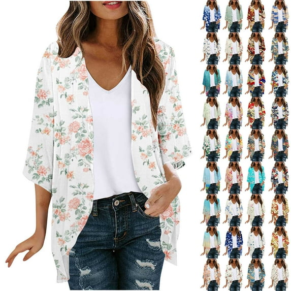 ZVAVZ Summer Kimono Cardigans for Women Lightweight Dressy 3/4 Sleeve Lightweight Sheer Cardigan Casual Cover Ups Tops Multicolor,S