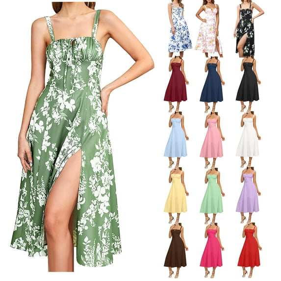 ZVAVZ Summer Outfits for Women 2025 Vacation,Ladies Floral Corset Flowy Slit Midi Dress Going Out Boho A Line Casual Sundresses Pink,M