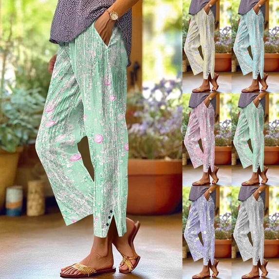 ZVAVZ Summer Pants for Women Boho Floral Linen Pants High Waist Comfy Buttons Slacks Lightweight Casual Loose Trousers With Pockets Green,M