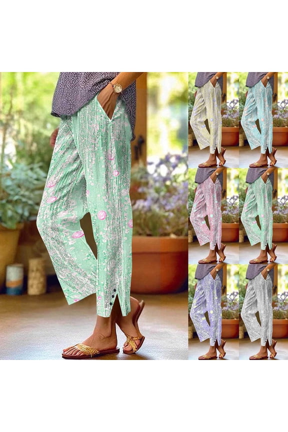 Summer Pants for Women Boho Floral Linen Pants High Waist Comfy Buttons Slacks Lightweight Casual Loose Trousers With Pockets Pink,XL