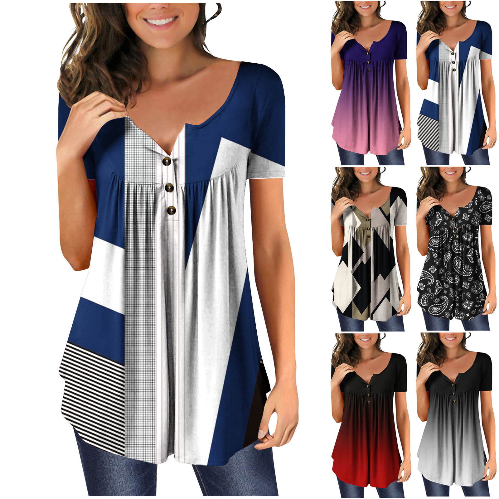 Long Shirts for Women to Wear with Leggings Plus Size Short Sleeve V Neck  Tunic Tops Dressy Casual Cute Blouses Fall Clothes