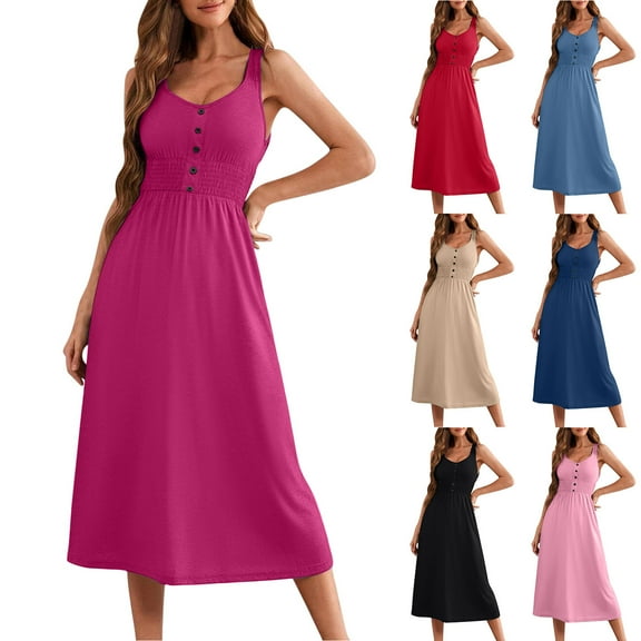 ZVAVZ Sun Dresses for Plus Size Women Sleeveless Button Down Smocked Dresses Empire Waist Casual A-Line Swing Midi Sundress Womens Summer Dresses 2025 Black,S