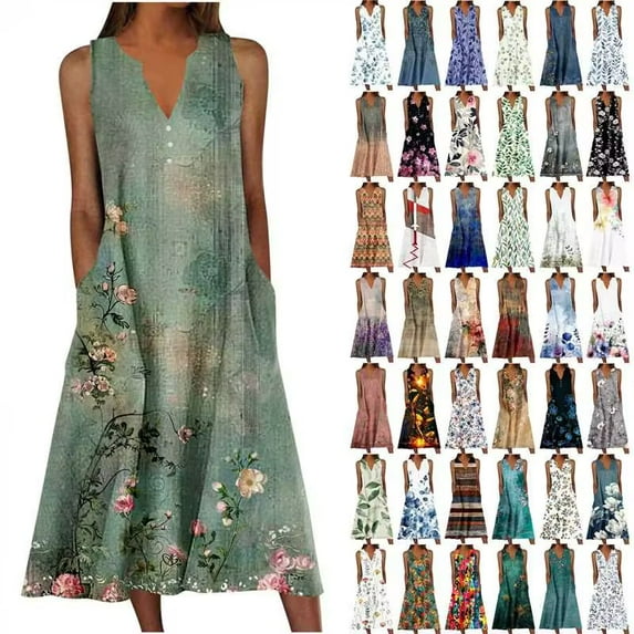 ZVAVZ Sundresses for Women 2025 Maxi,Ladies Summer Beach Boho Dresses Print Sleeveless V Neck Vacation Sun Dress Multicolor,L