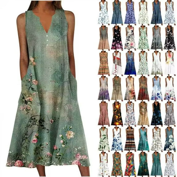 ZVAVZ Sundresses for Women 2025 Maxi,Ladies Summer Beach Boho Dresses Print Sleeveless V Neck Vacation Sun Dress Multicolor,S