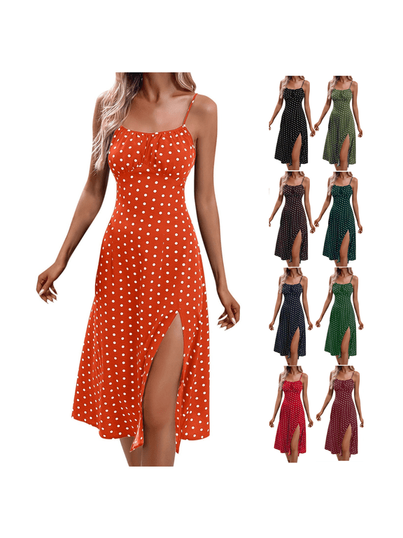 Sundresses for Women 2025 Vacation,Ladies Summer Fashion Polka Dots Sling Sundress Sleeveless Casual Split Beach Swing Dresses Blue,L