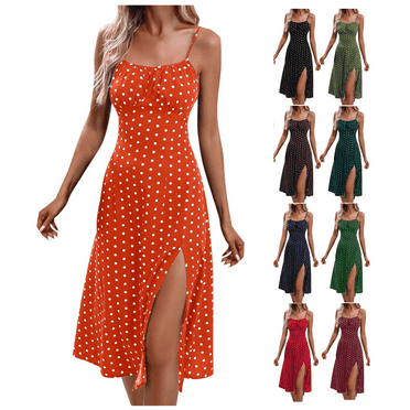 ZVAVZ Sundresses for Women 2025 Vacation,Ladies Summer Fashion Polka Dots Sling Sundress Sleeveless Casual Split Beach Swing Dresses Wine,M