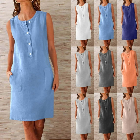 ZVAVZ Sundresses for Women Plus Size,Women Summer Solid Linen Sleeveless Sun Dress Round Neck Buttons Fashion Shift Dress with Pocket Blue,M