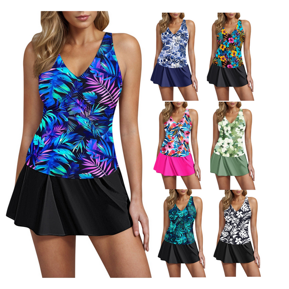 ZVAVZ Swim Suits for Women 2025 Two Piece Womens Trendy Tankini Bathing Suits Loose Fit V-Neck Floral Tankini Top with Bottom Skirts Flowy Modest Swimwear Clearance,Multicolor XL